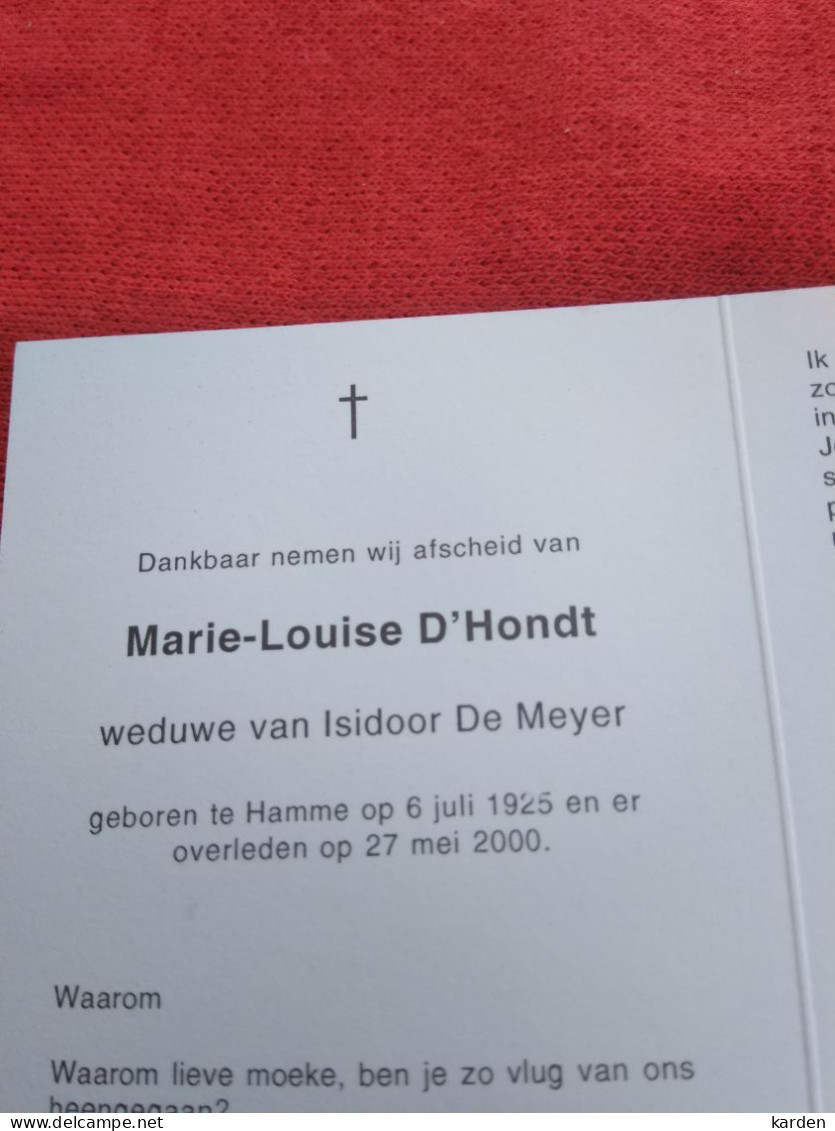 Doodsprentje Marie Louise D'Hondt / Hamme 6/7/1925 - 27/5/2000 ( Isidoor De Meyer ) - Religion & Esotérisme