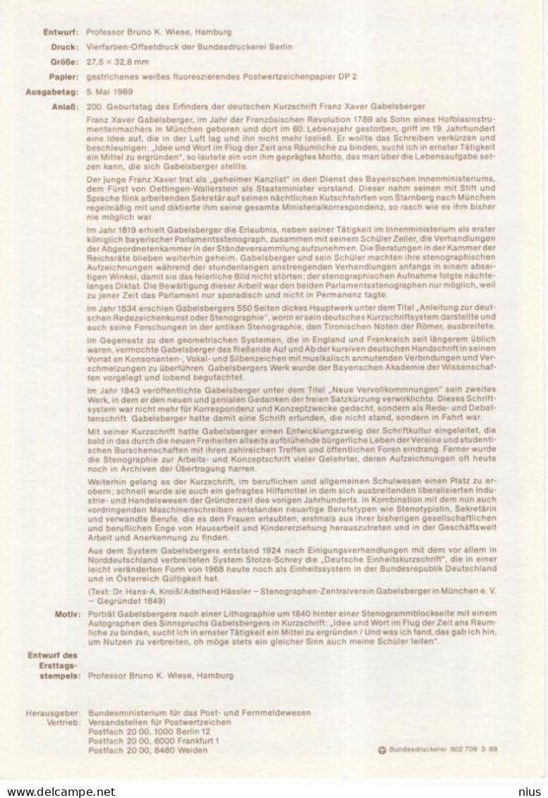 Germany Deutschland 1989-18 200. Geburtstag Von Franz Xaver Gabelsberger Stenograph Stenographer, Canceled In Bonn - 1981-1990