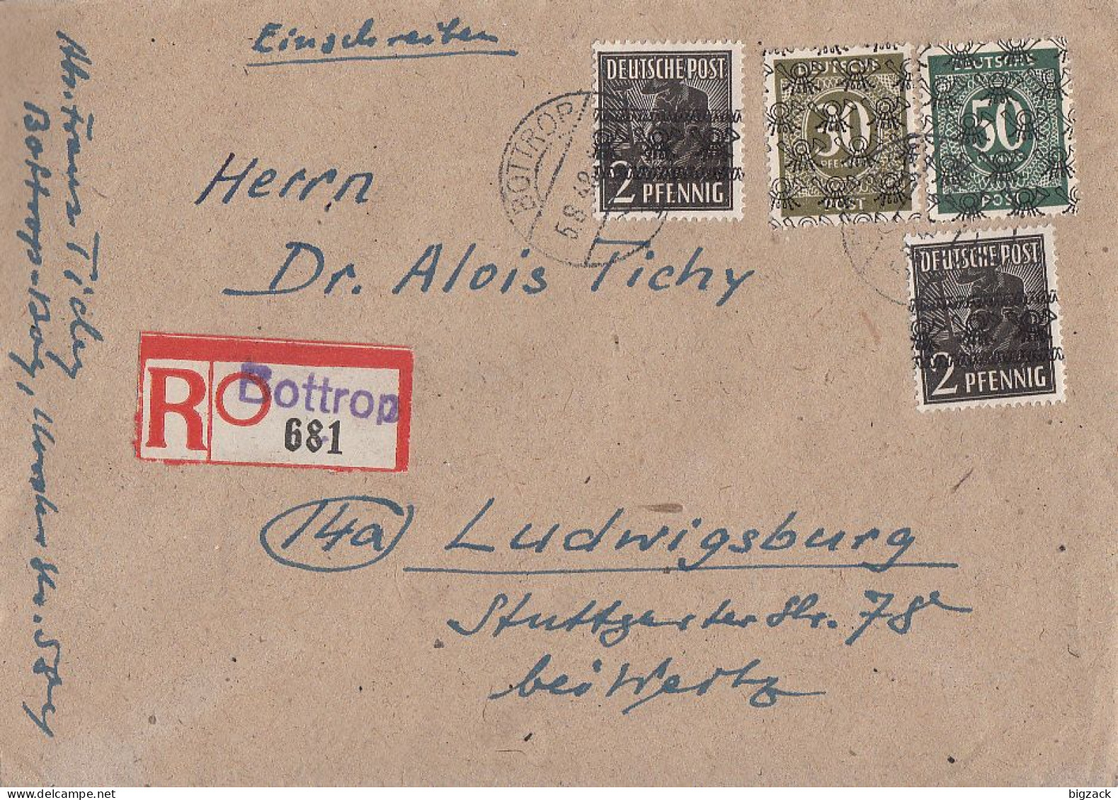 Bizone R-Brief Mif Minr.2x 36I, 63II, 66II Bottrop 5.8.48 Mit Befund Schlegel BPP Gel. Nach Ludwigsburg - Lettres & Documents