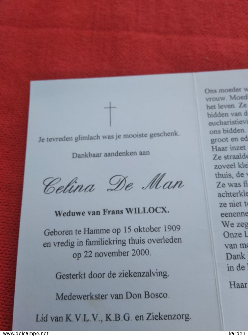 Doodsprentje Celina De Man / Hamme 15/10/1909 - 22/11/2000 ( Frans Willocx ) - Religion & Esotericism