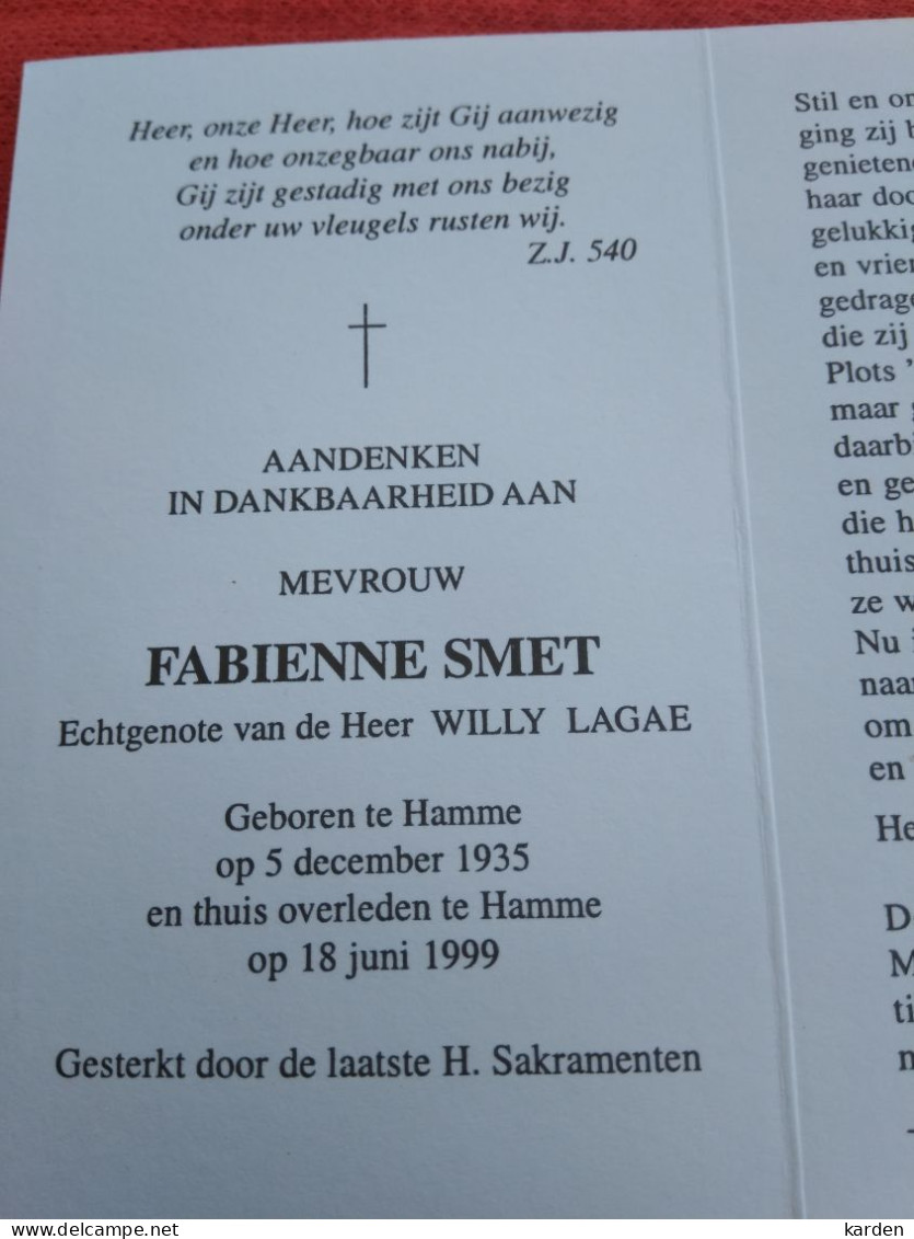 Doodsprentje Fabienne Smet / Hamme 5/12/1935 - 18/6/1999 ( Willy Lagae ) - Religion & Esotérisme