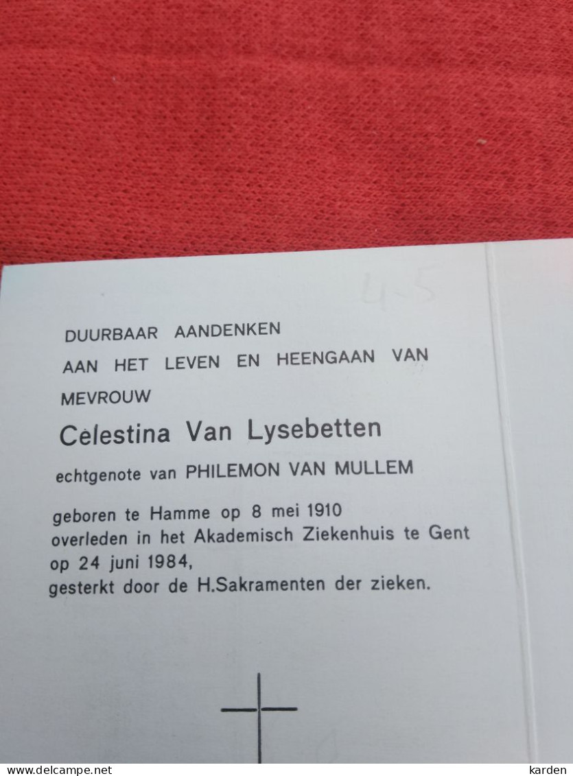 Doodsprentje Celestina Van Lysebetten / Hamme 8/5/1910 Gent 24/6/1984 ( Philimon Van Mullem ) - Religion &  Esoterik