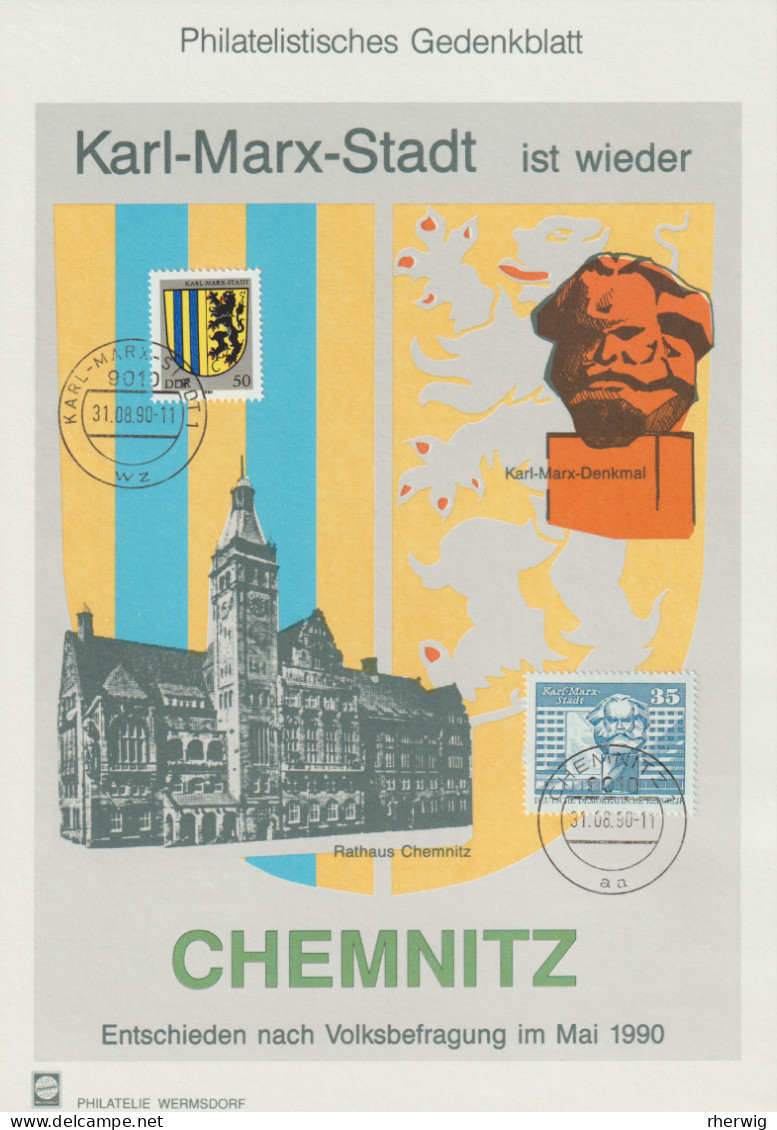 DDR, 1990 Gedenkblatt " Karl-Marx-Stadt Ist Wieder Chemnitz" Mit Den Marken DDR Nr. 2859 Und 2506 - Storia Postale