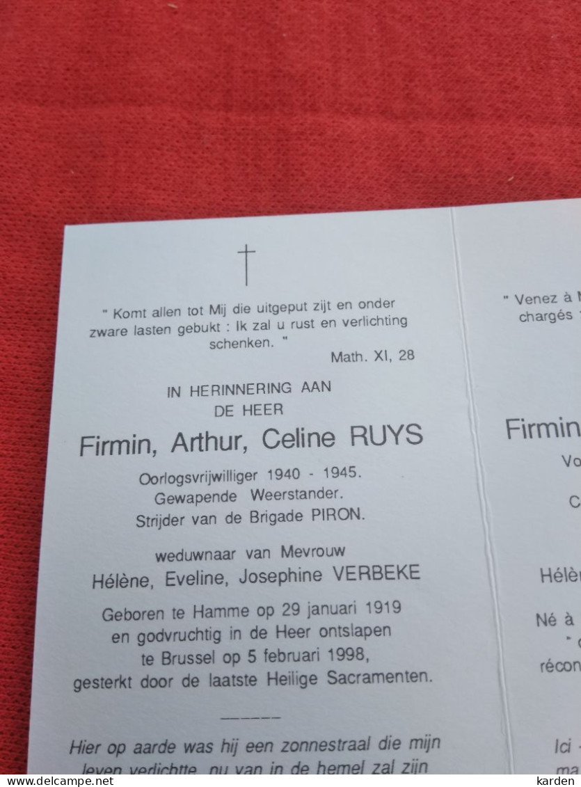 Doodsprentje Firmin Arhur Céline Ruys / Hamme 29/1/1919 Brussel 5/2/1998 ( Hélène E J Verbeke ) - Religion & Esotérisme
