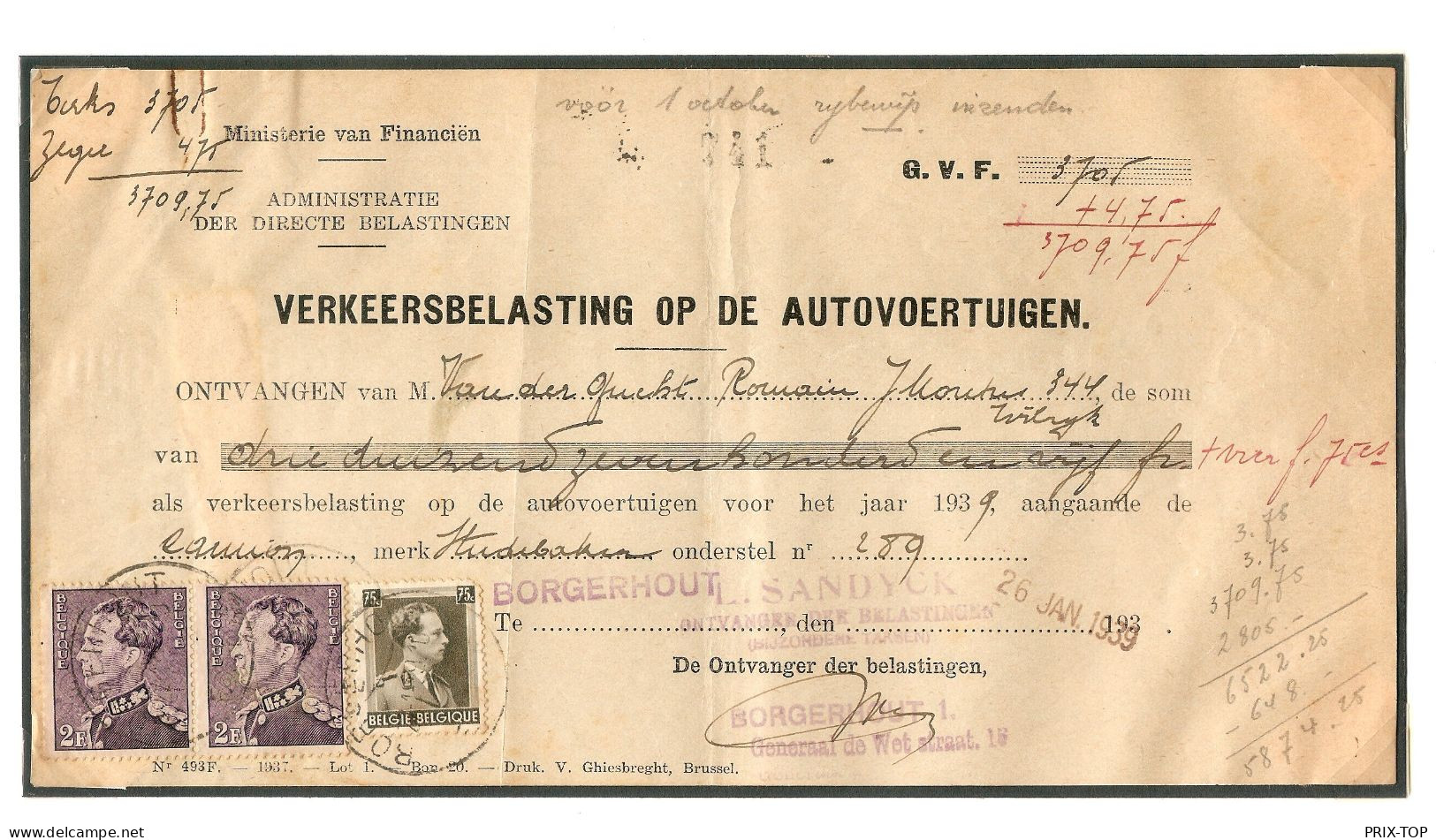 TP 431(2)+TP S/reçu Ministerie Financiën Verkeerbelasting Borgerhout 1939  > Wilrijk - Cartas & Documentos