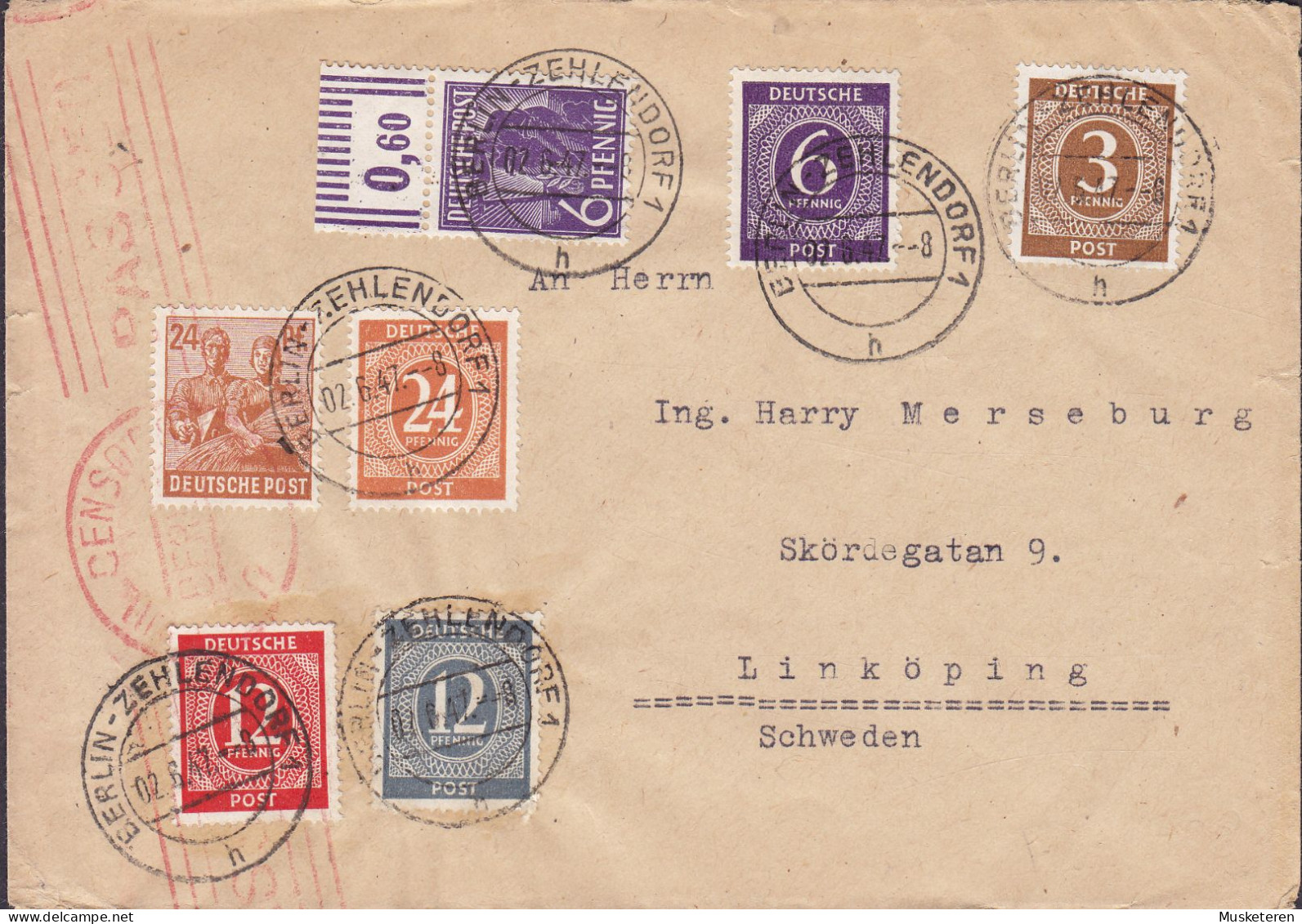 Alliierte Besetzung Amerikanische Zone BERLIN - ZEHLENDORF 1947 Cover Brief LINKÖPING Sweden (Red) CENSOR Cds. - Covers & Documents