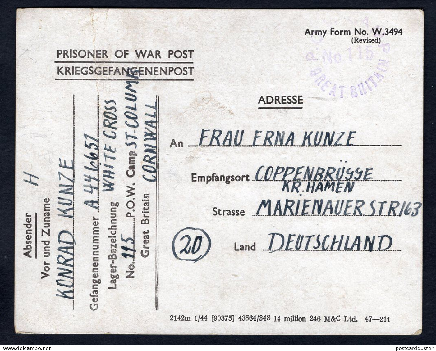 GB 1947 German POW Camp No115 Postcard To Coppenbrügge Kreis Hammeln (p1348) - Brieven En Documenten
