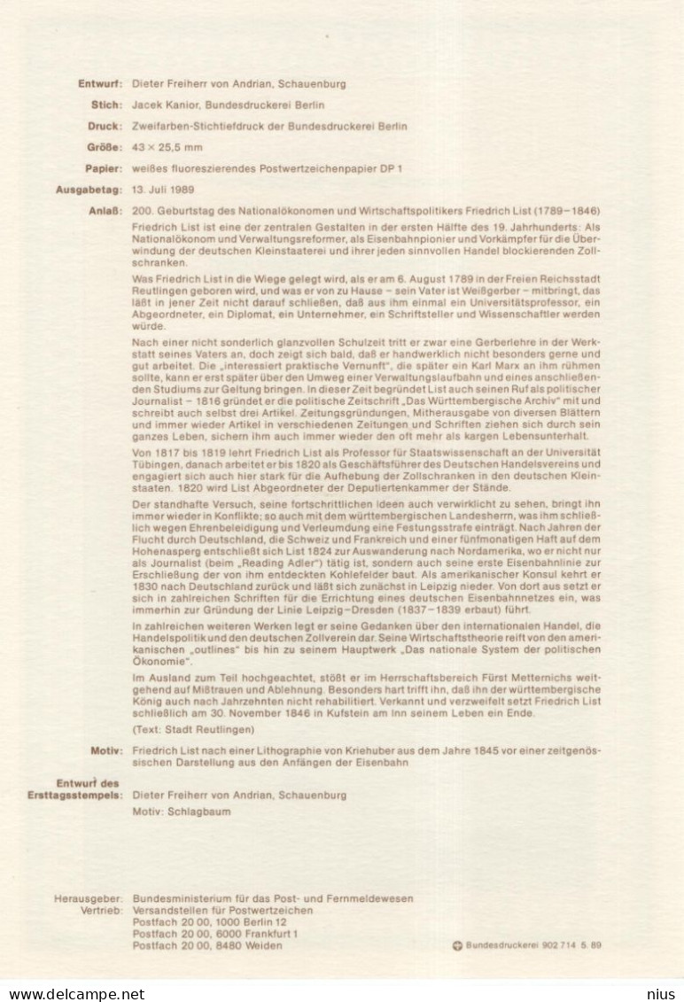 Germany Deutschland 1989-23 Friedrich List, German Economist And Political Theorist, Canceled In Bonn - 1981-1990