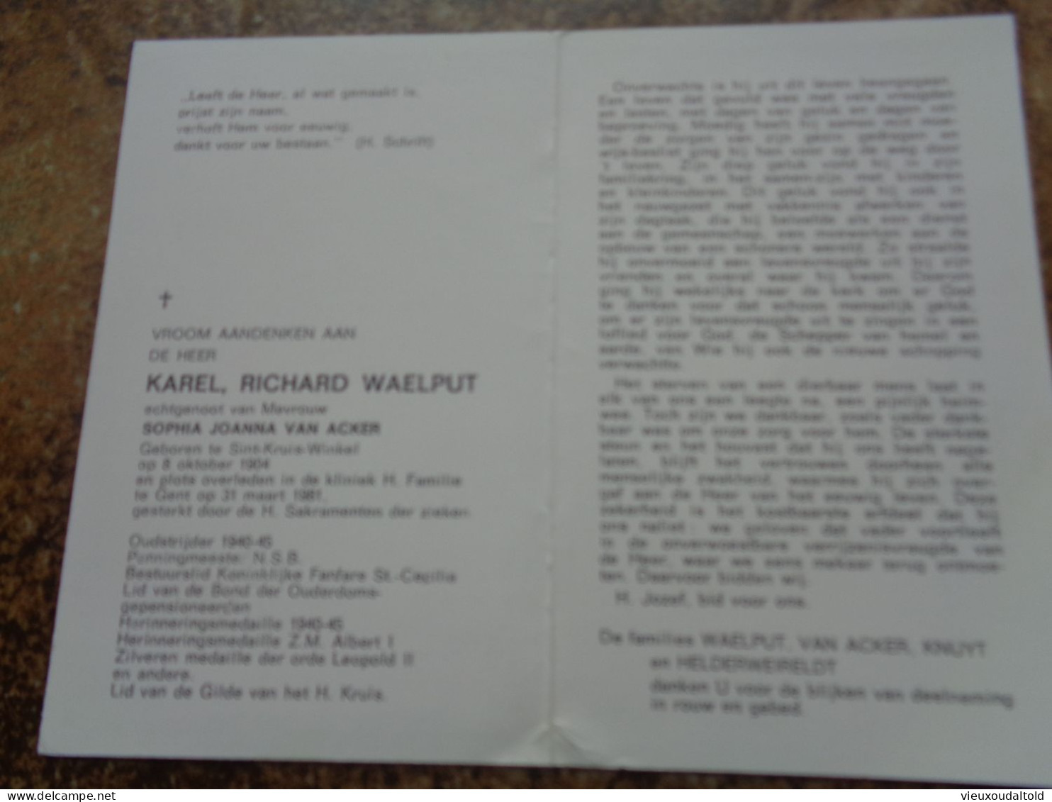 Doodsprentje/Bidprentje  KAREL RICHARD WAELPUT   St Kruis Winkel 1904-1981 Gent  (Echtg Sophia Joanna VAN ACKER) - Religion & Esotérisme