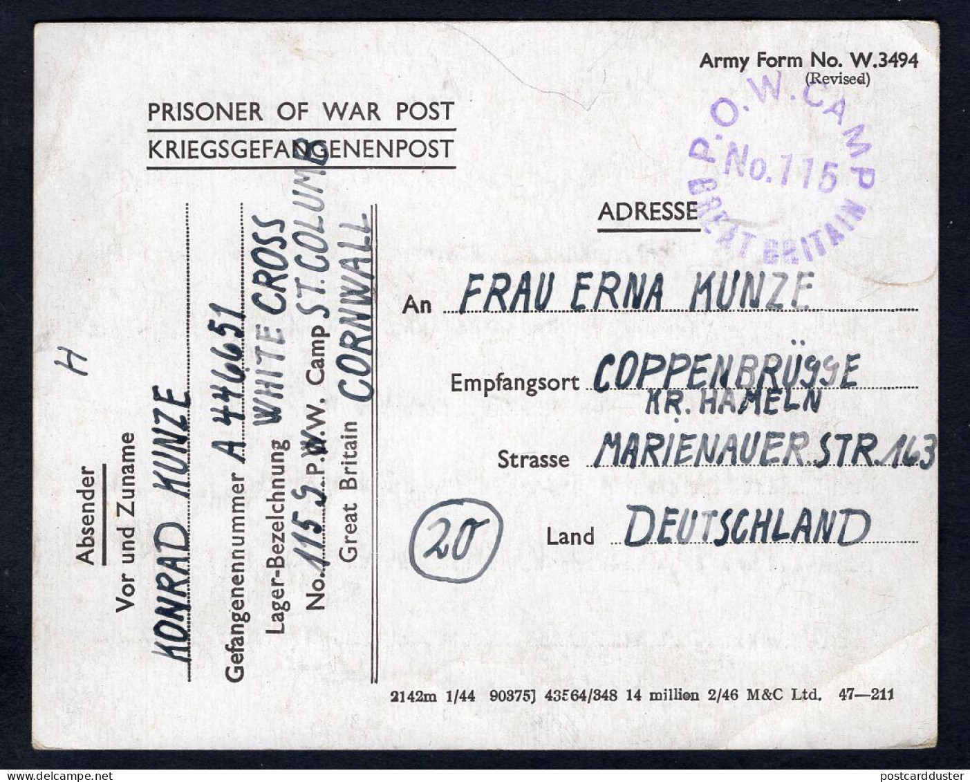 GB 1946 German POW Camp No115 Postcard To Coppenbrügge Kreis Hammeln (p1649) - Briefe U. Dokumente