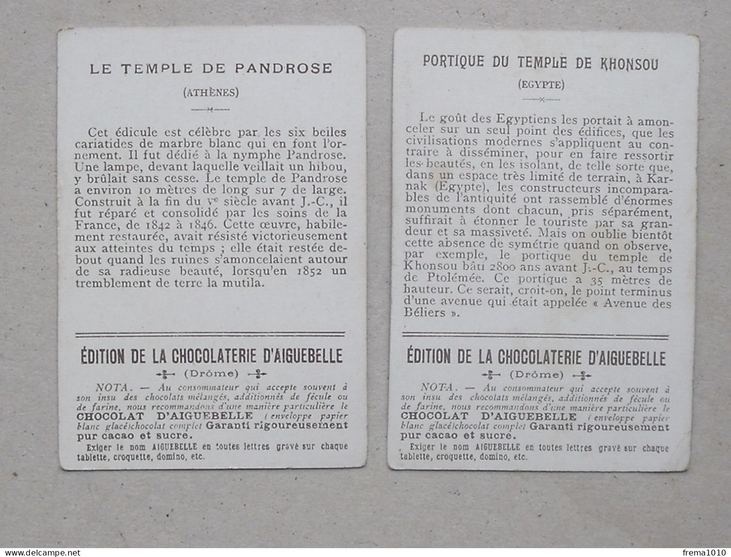 CHROMO Didactique Chocolat AIGUEBELLE: EGYPTE ATHENES Lot 2 Différents Même Série - Temple De KHONSOU, De PANDROSE - Aiguebelle