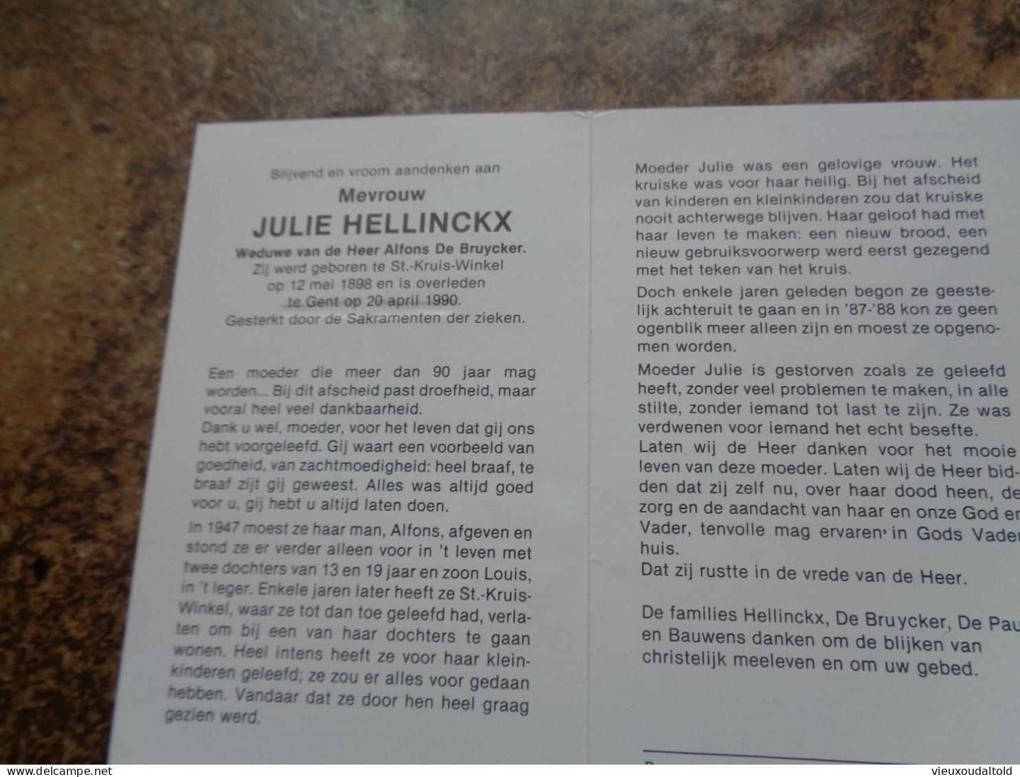 Doodsprentje/Bidprentje  JULIE HELLINCKX   St Kruis Winkel 1898-1990 Gent  (Wwe Alfons De Bruycker) - Religion & Esotérisme