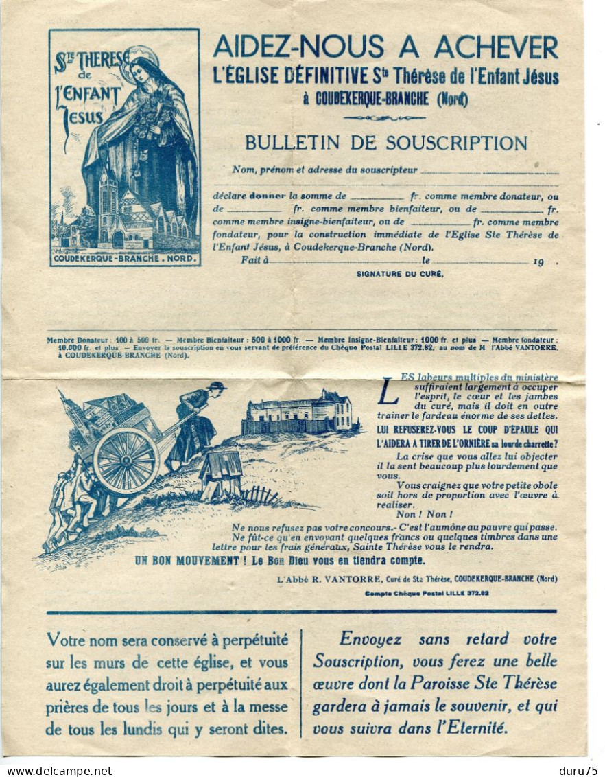 Document Bulletin De Souscription COUDEKERQUE BRANCHE Aidez Nous à Achever L'Eglise Ste Thérèse + Rappel - Religion &  Esoterik