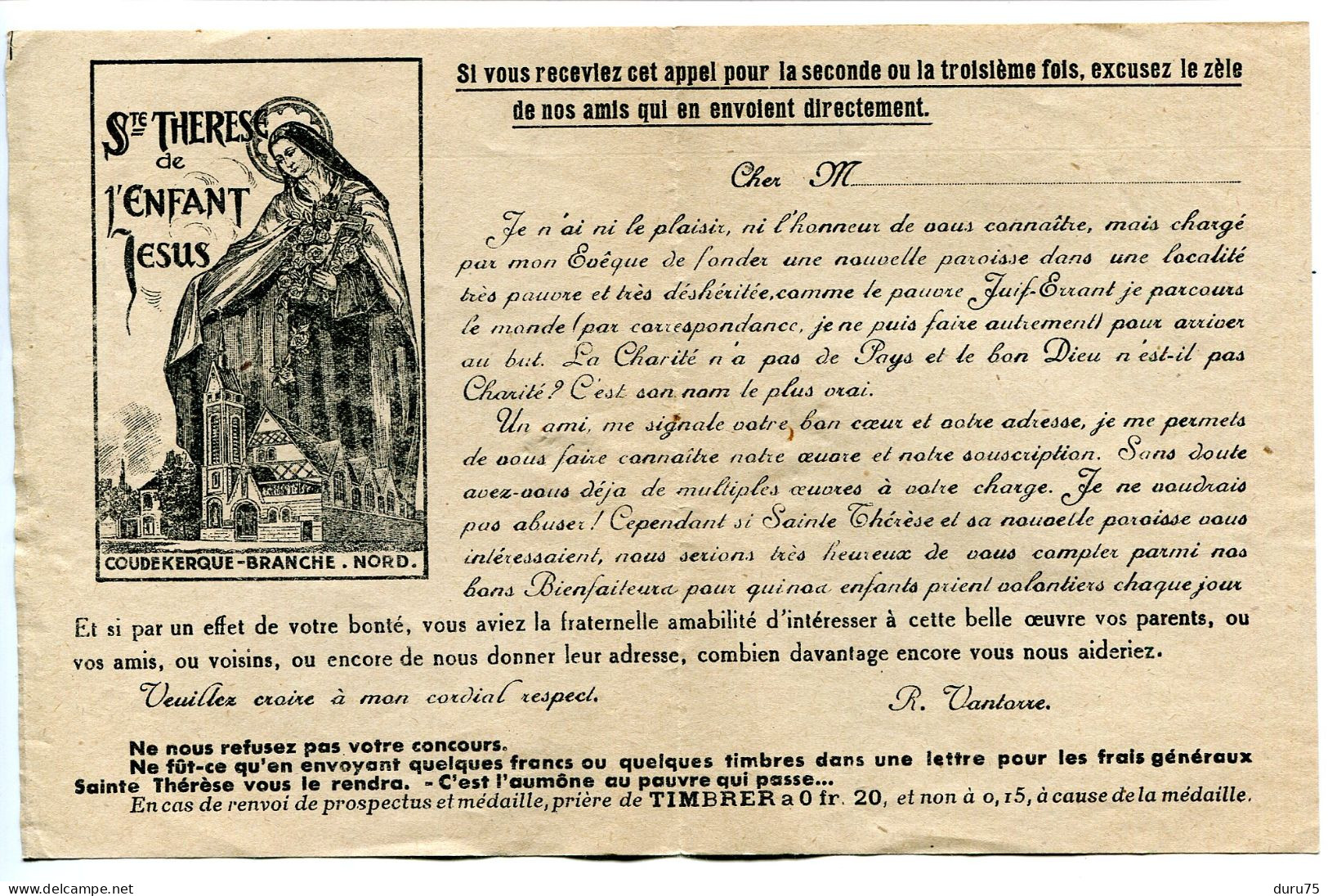 Document Bulletin De Souscription COUDEKERQUE BRANCHE Aidez Nous à Achever L'Eglise Ste Thérèse + Rappel - Religion & Esotérisme