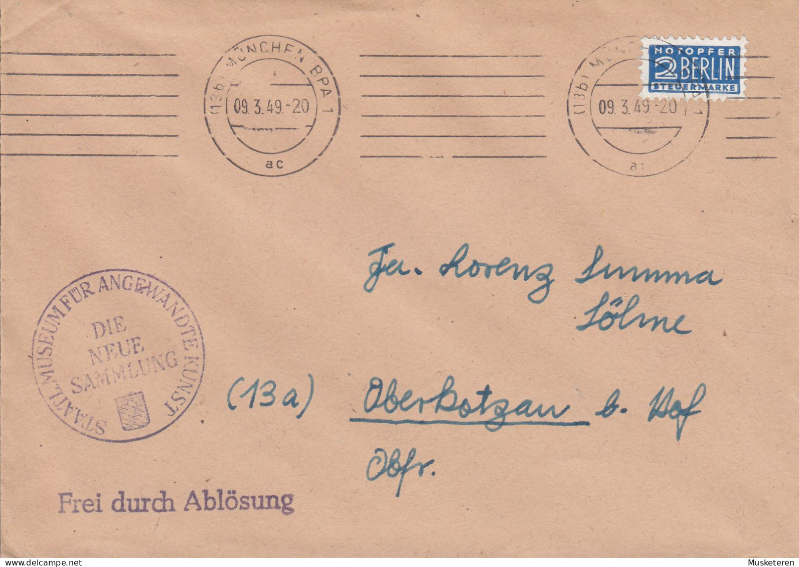 Berlin DIE NEUE SAMMLUNG Staatl. Museum Angewandte Kunt MÜNCHEN 1949 Cover Brief OBERKATZAN B. Hof. NOTOPFER Steuermarke - Brieven En Documenten