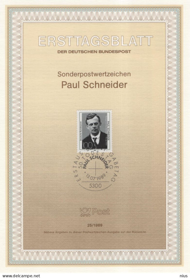 Germany Deutschland 1989-25 Paul Schneider, Religion, Evangelical Pastor, Priest, Canceled In Bonn - 1981-1990