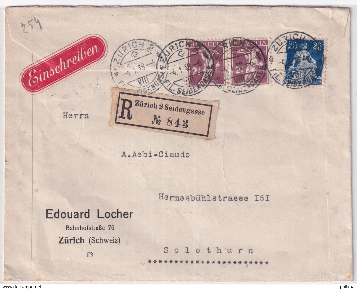 Zum. 109, 136 / MiNr. 103x, 136x Auf R-Brief Von ZÜRICH SEIDENGASSE Nach SOLOTHURN - Storia Postale