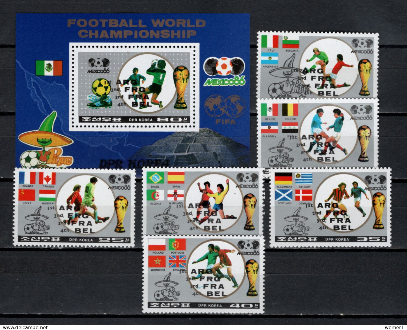 North Korea 1986 Football Soccer World Cup Set Of 6 + S/s With Winners Overprint MNH - 1986 – Mexico
