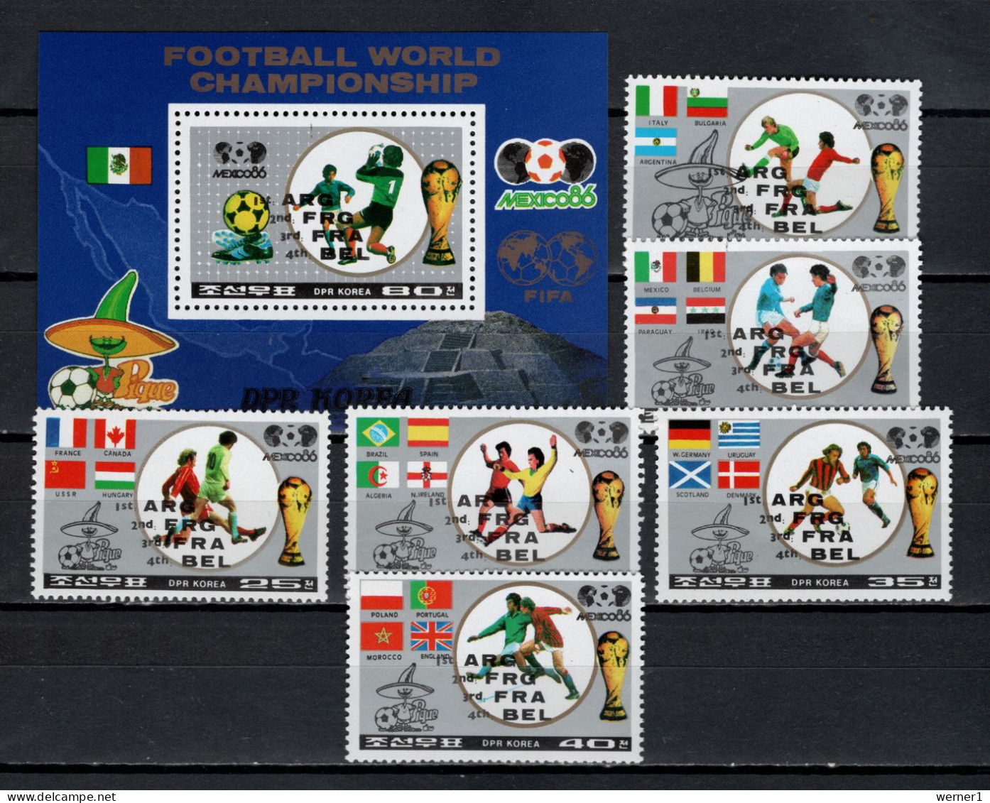 North Korea 1986 Football Soccer World Cup Set Of 6 + S/s With Winners Overprint MNH - 1986 – México