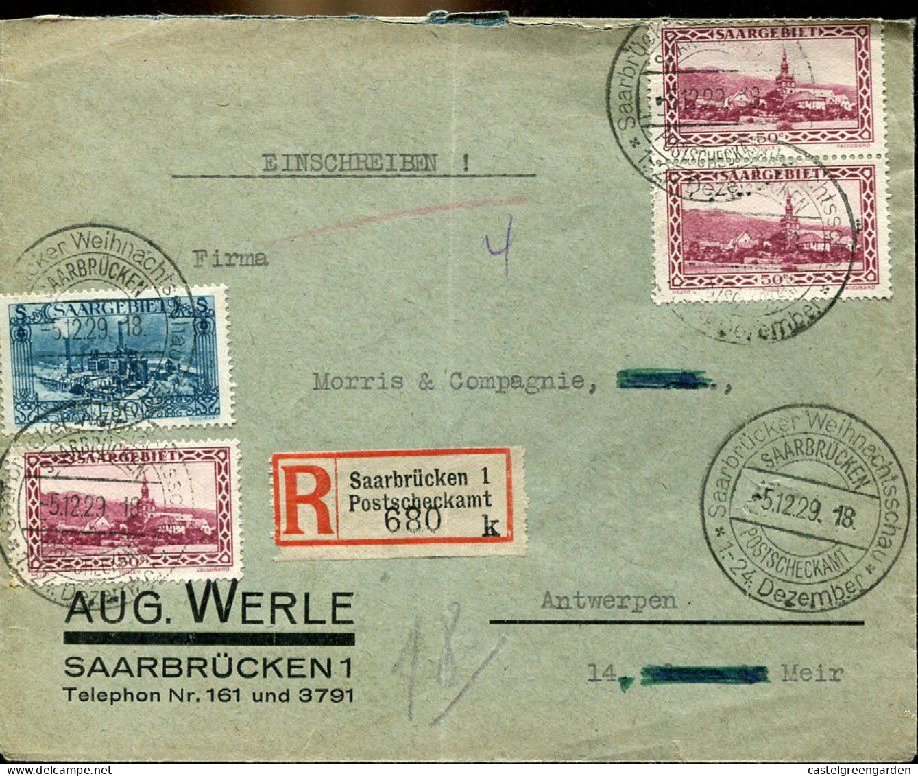 X0371 Saargebiet, Cover  Registered Circuled 1929 Postmark Saarbrucken Weihnachttsshau To Belgium - Storia Postale