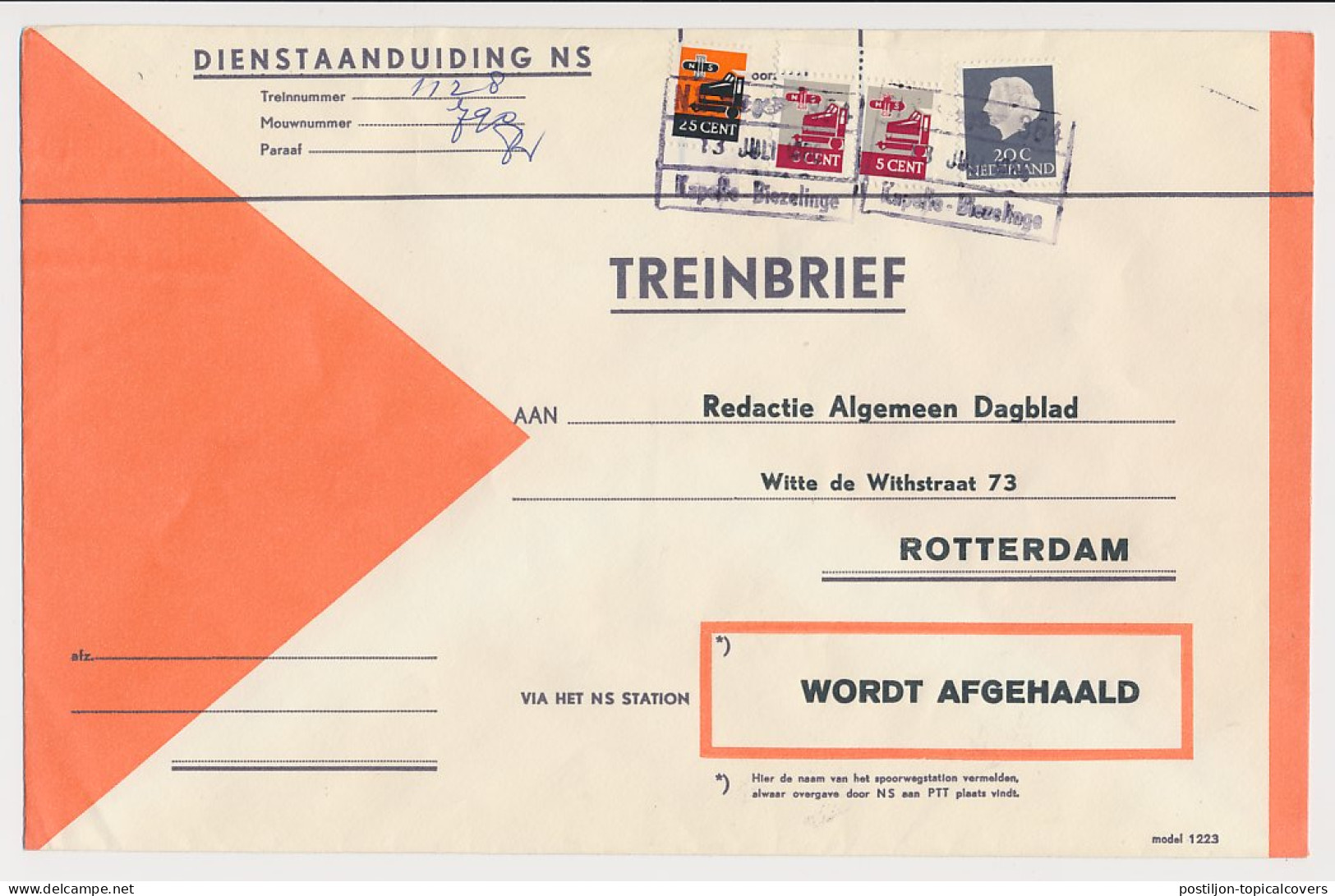 Treinbrief Kapelle Biezelinge - Rotterdam 1966 - Non Classés