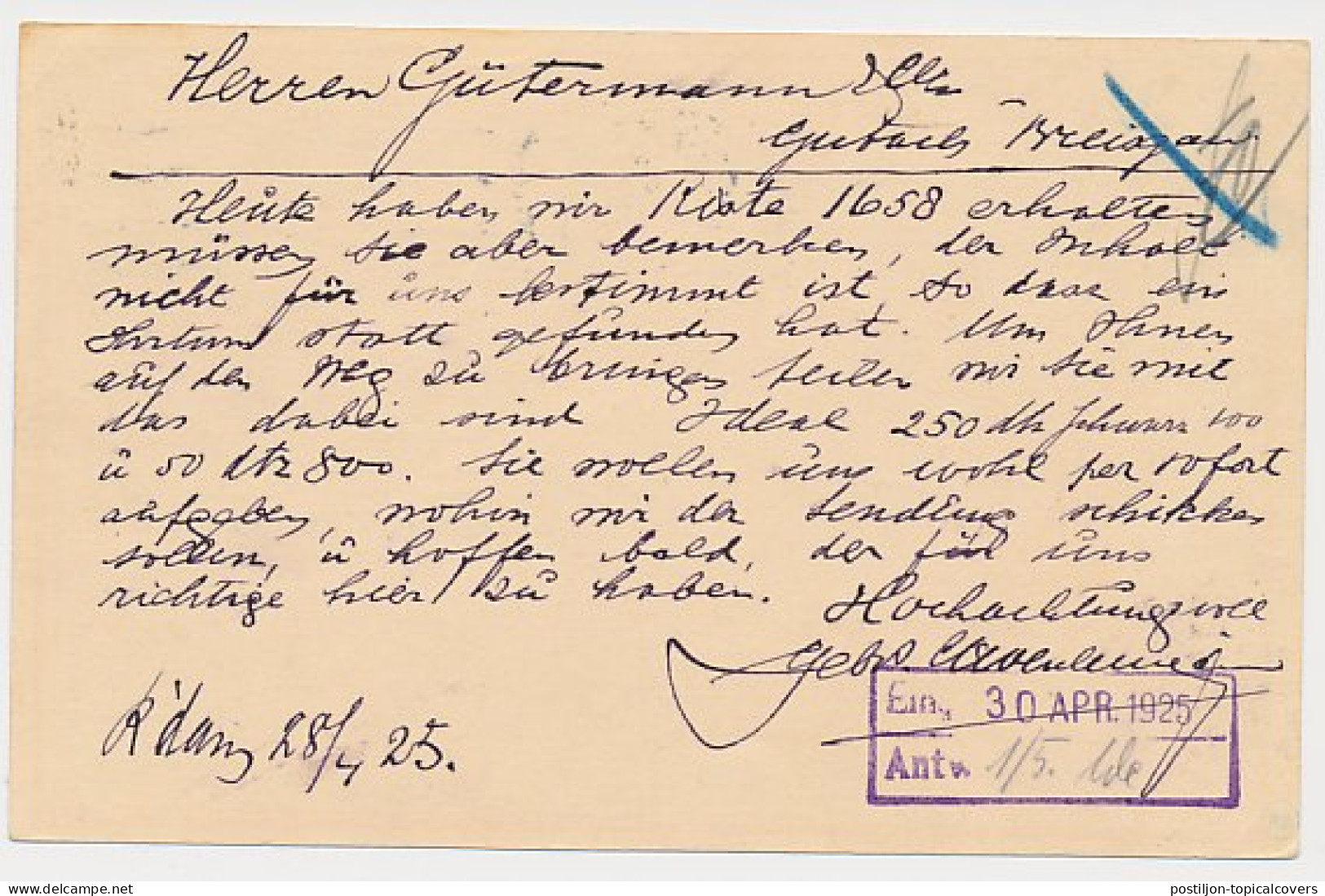 Briefkaart G. 199 N ( Sittard ) Rotterdam - Duitsland 1925 - Entiers Postaux