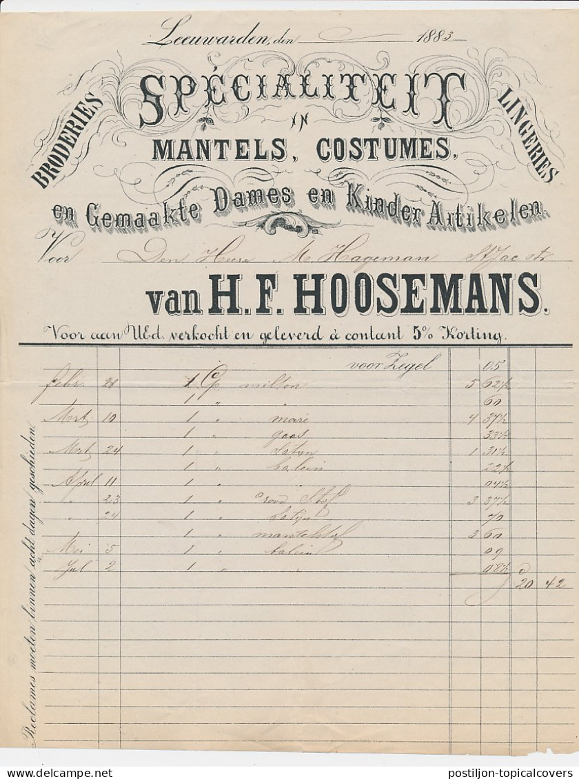 Nota Leeuwarden 1883 - Mantels - Costumes - Broderies - Lingerie - Pays-Bas
