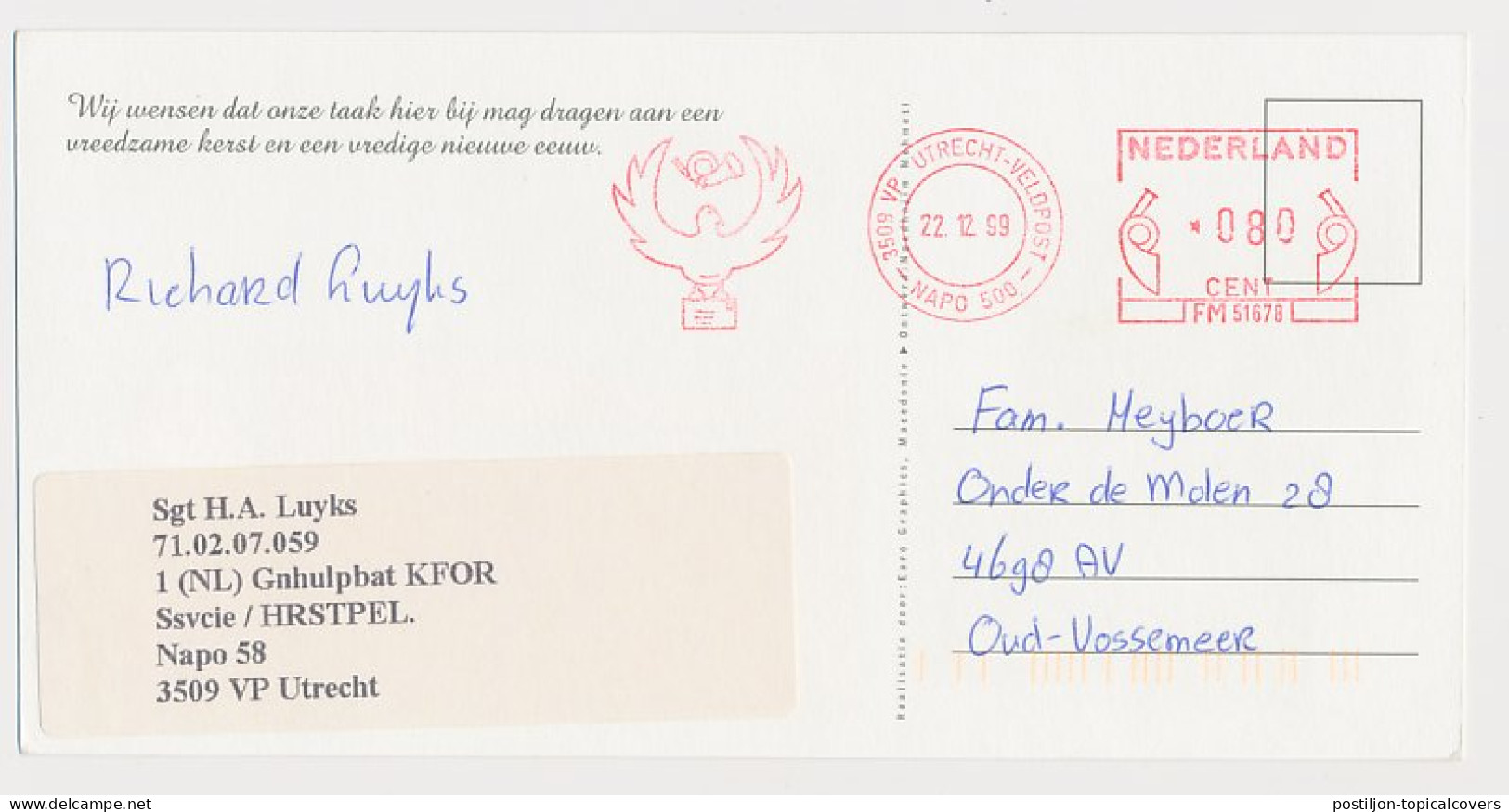 Meter Postcard Netherlands 1999 NAPO 58 Kosovo Serbia - Fieldpost NAPO 500 - Dove Of Peace - Militaria