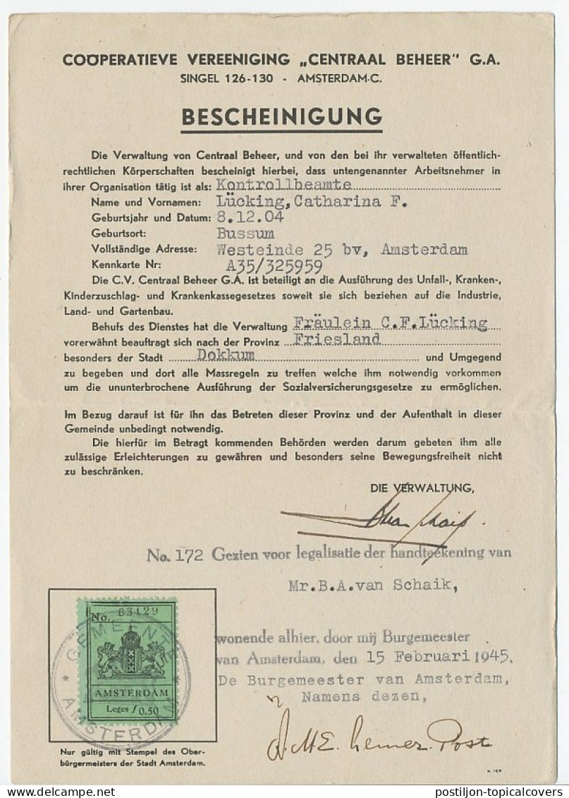  Gem. Leges Amsterdam 1945 - BESCHEINIGUNG - Revenue Stamps