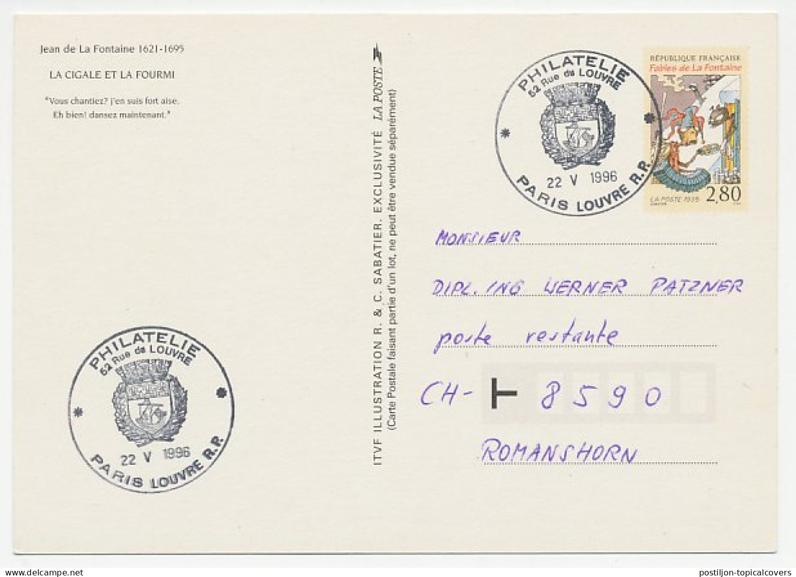 Postal Stationery / Postmark France 1996 Jean De La Fontaine - The Ant And The Grasshopper - Märchen, Sagen & Legenden