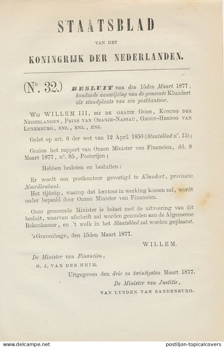 Staatsblad 1877 - Betreffende Postkantoor Klundert - Lettres & Documents