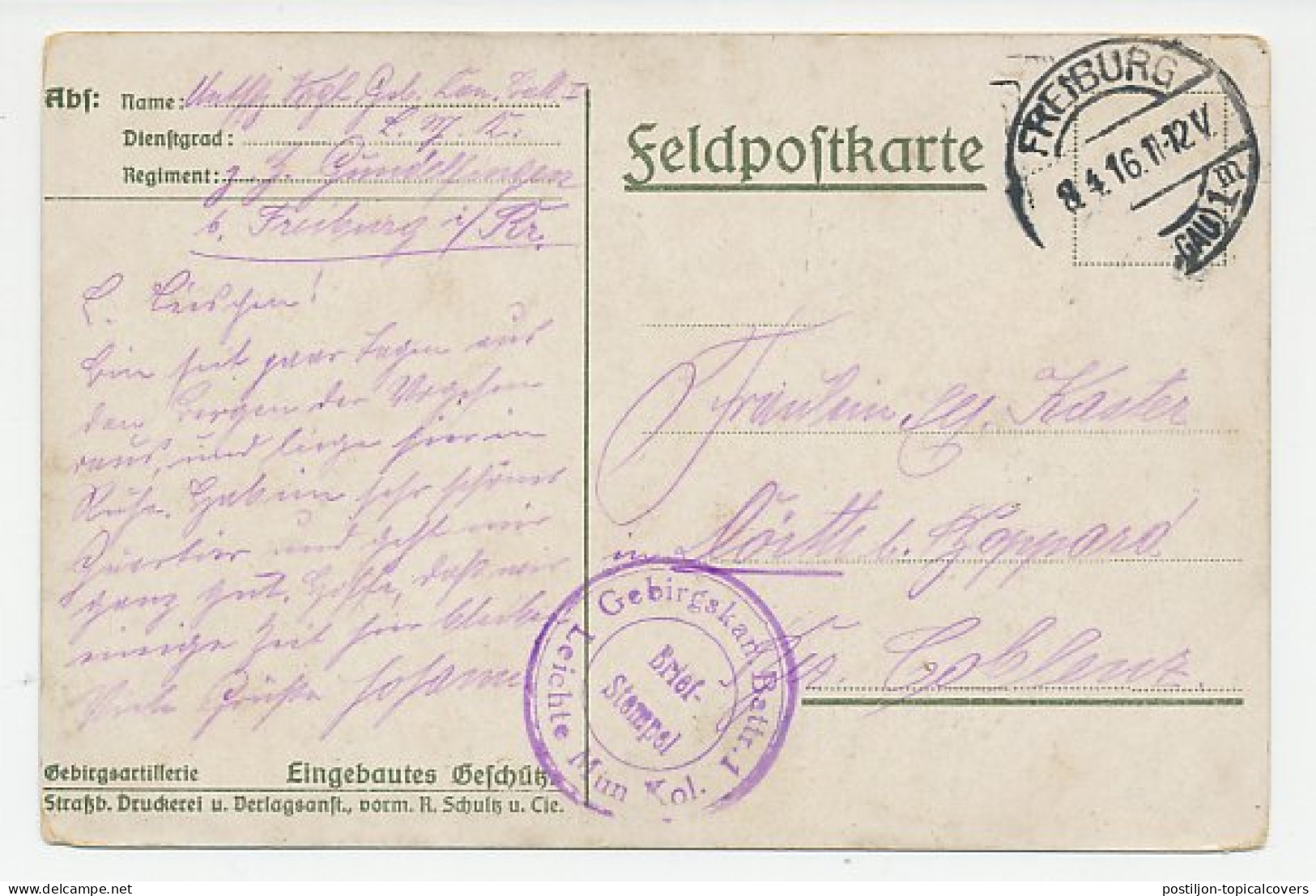 Fieldpost Postcard Germany 1916 Canon - WWI - WW1