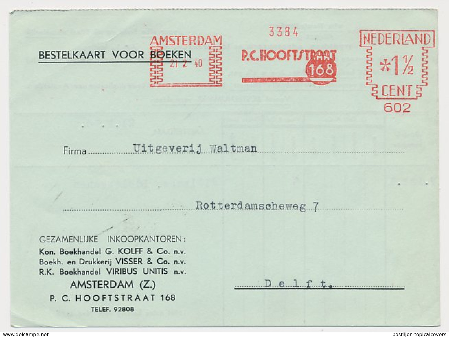 Meter Card Netherlands 1940 P.C. Hooft - Poet - Writer - Schrijvers
