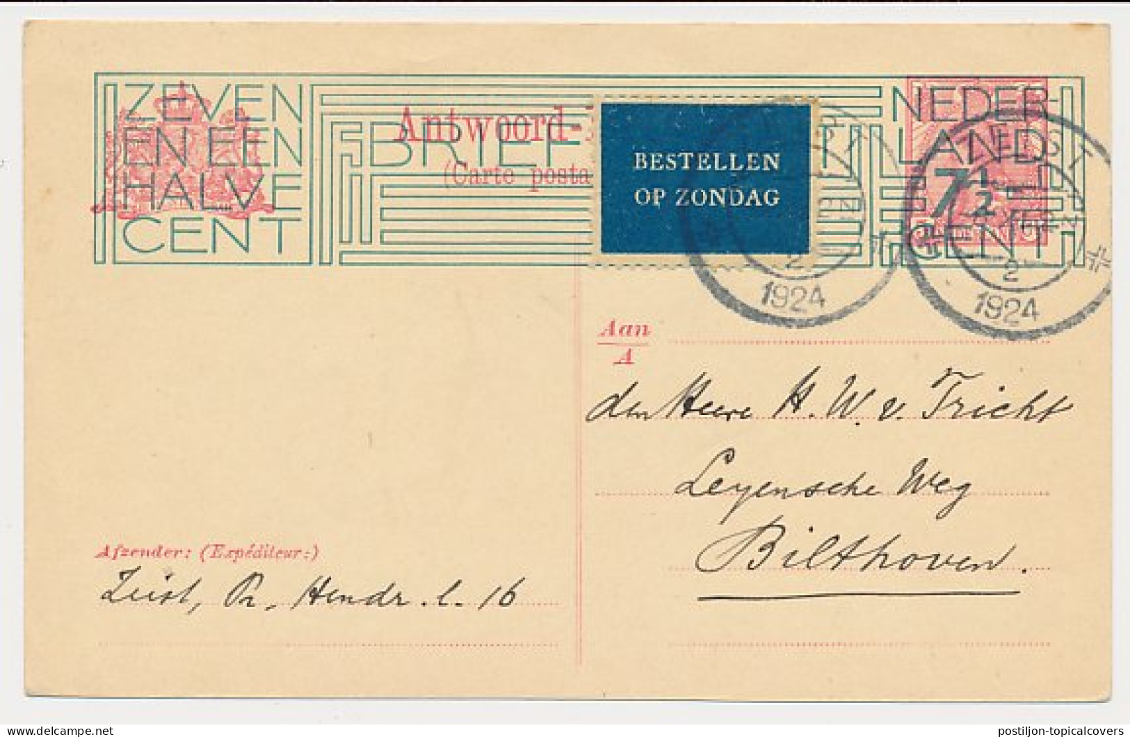 Bestellen Op Zondag - Zeist - Bilthoven 1924 - Storia Postale