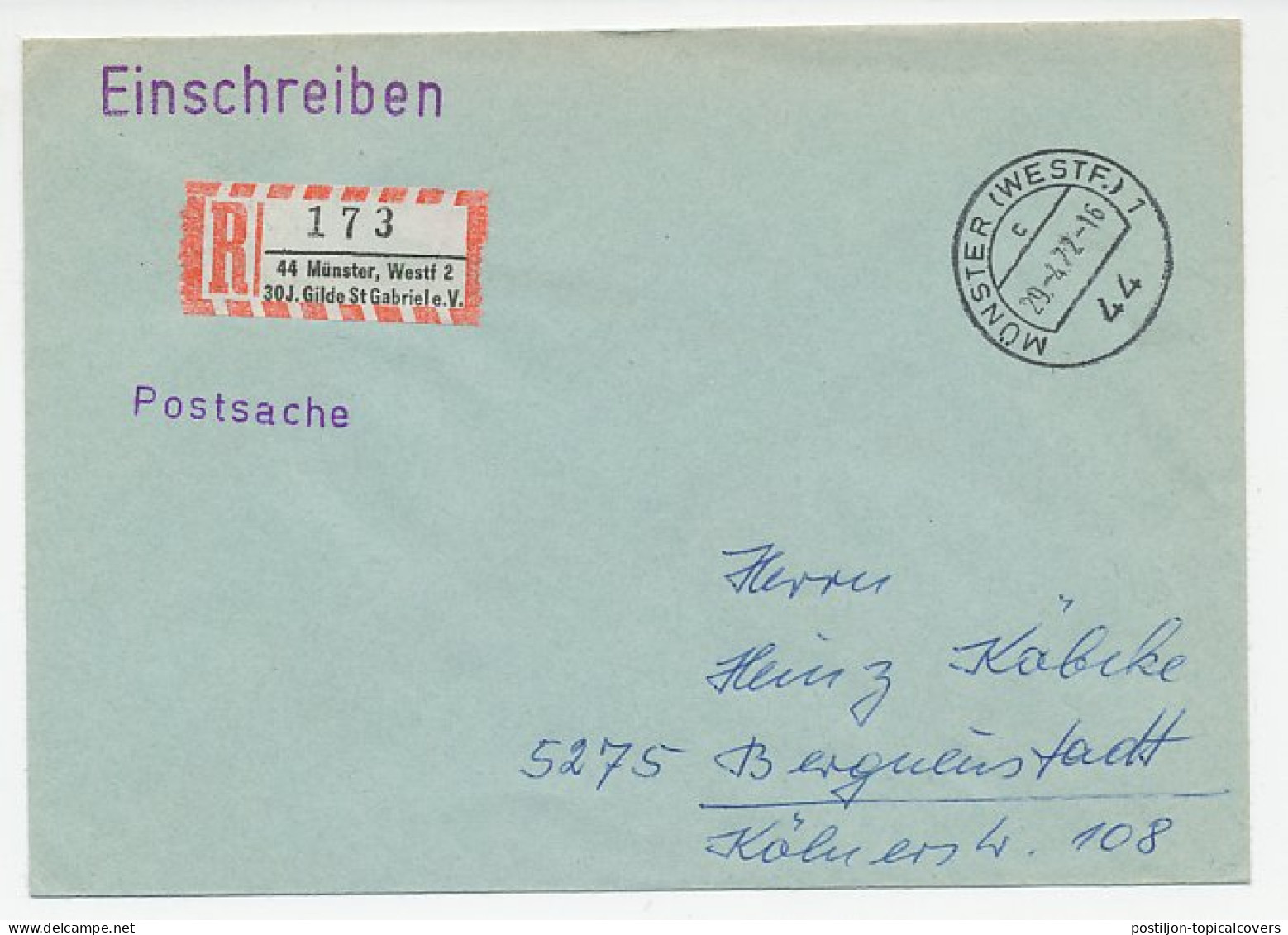 Registered Service Cover / Label 1972 St. Gabriel - Sonstige & Ohne Zuordnung