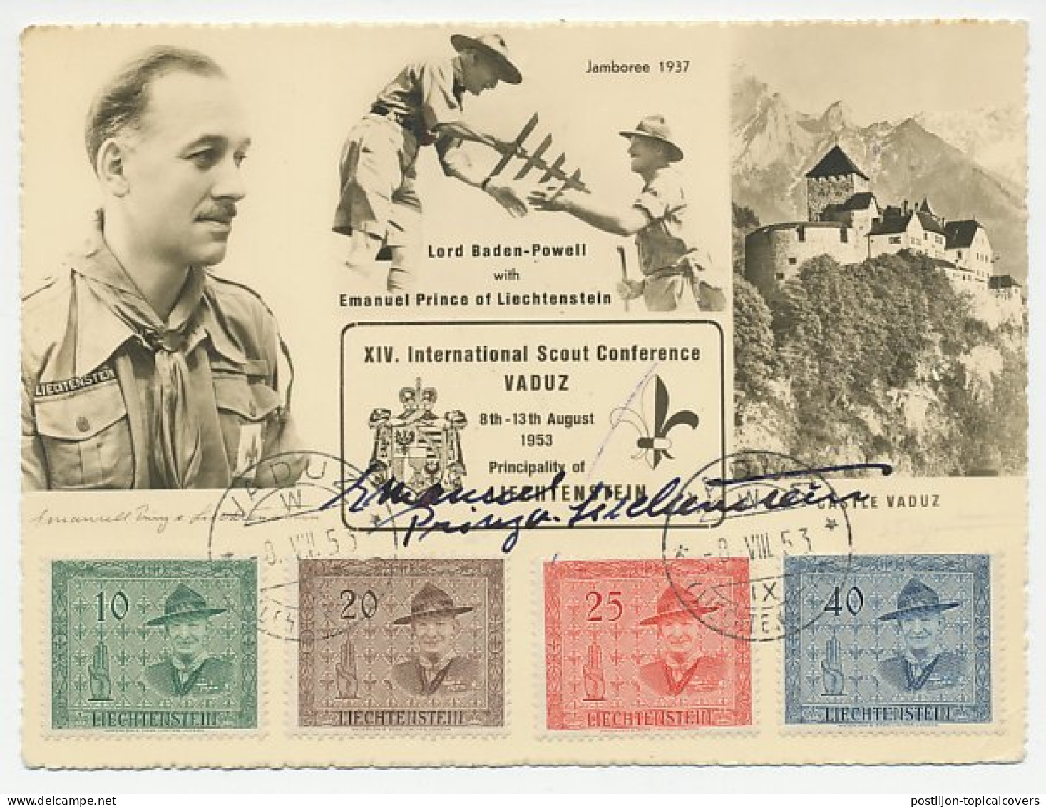 Maximum Card Liechtenstein 1953 Lord Baden Powell - International Scout Conference - Autograph Prince Emanuel  - Altri & Non Classificati