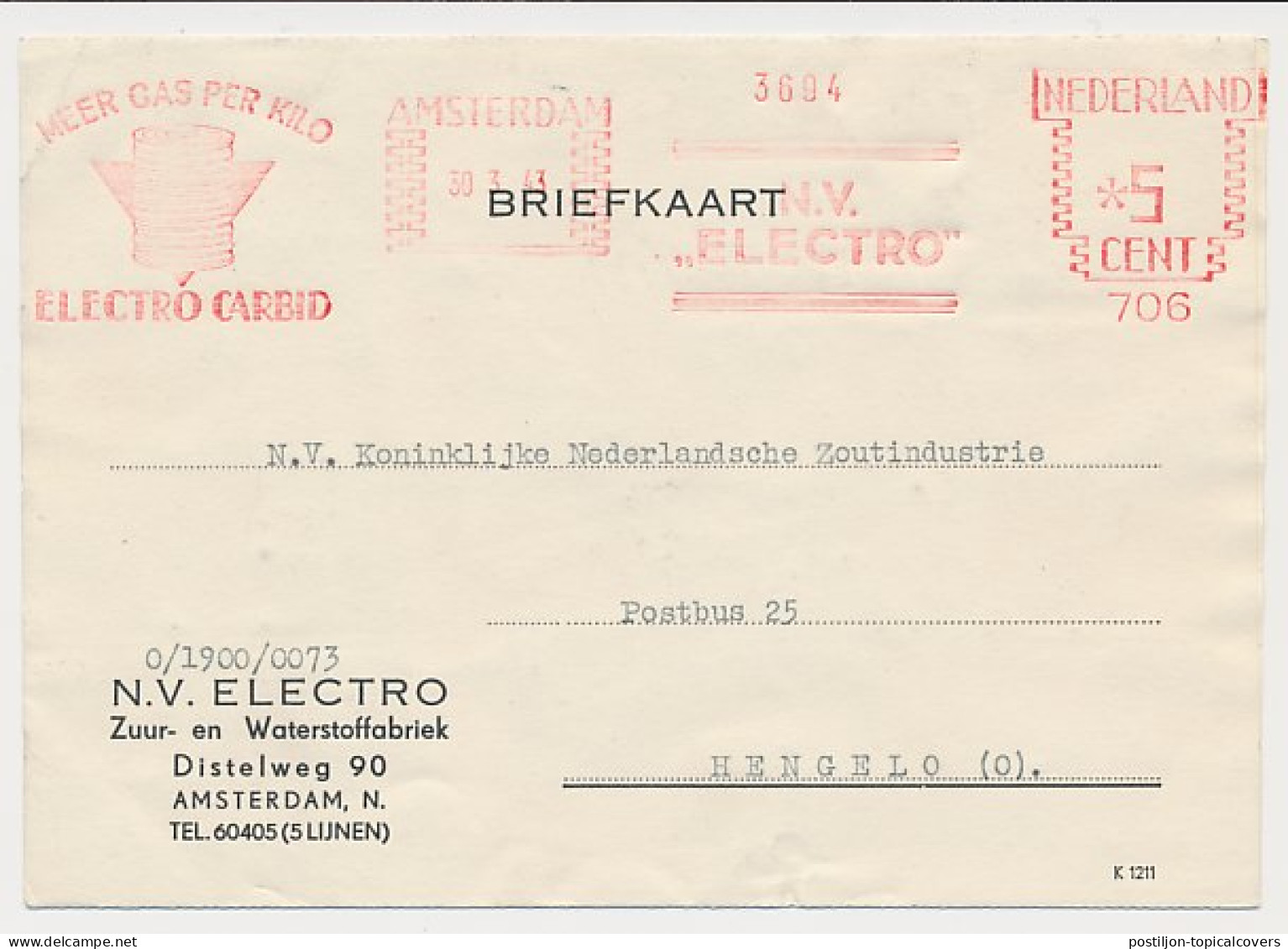 Meter Card Netherlands 1943 Electro Carbide - Gas - Amsterdam - Chemie