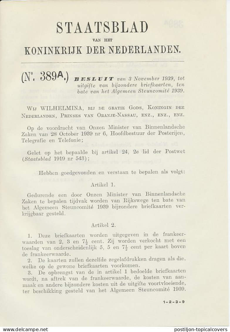 Staatsblad 1939 : Uitgifte Briefkaarten Algemeen Steuncomite - Storia Postale