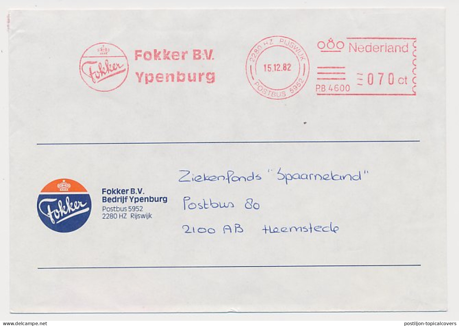 Meter Cover Netherlands 1982 Fokker - Airport Ypenburg  - Airplanes