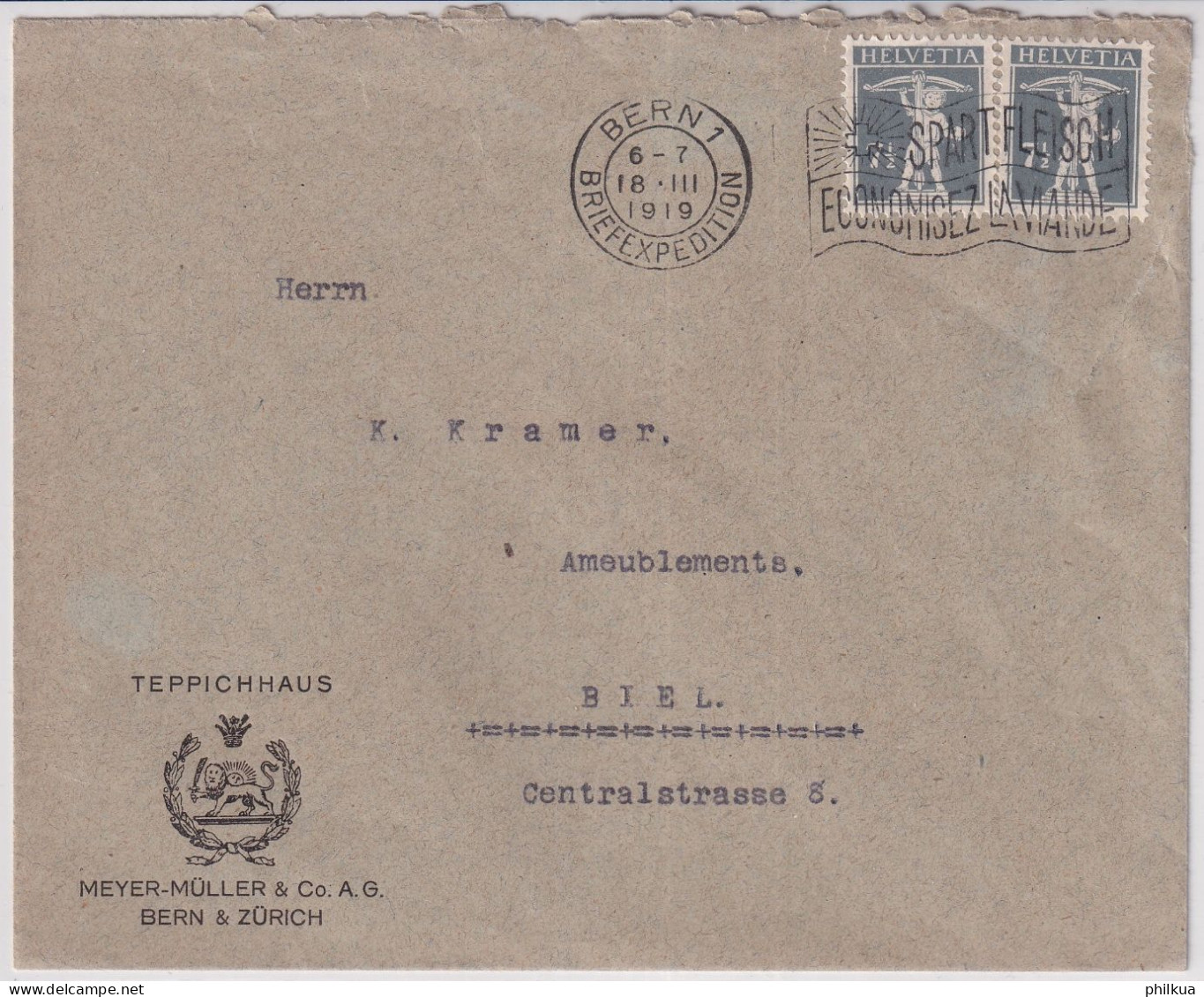 Zum. 138III / MiNr. 138xIII Auf Firmen Brief TEPPICHHAUS MEYER-MÜLLER & Co BERN Nach BIEL (Brief Mit Riss) - Storia Postale