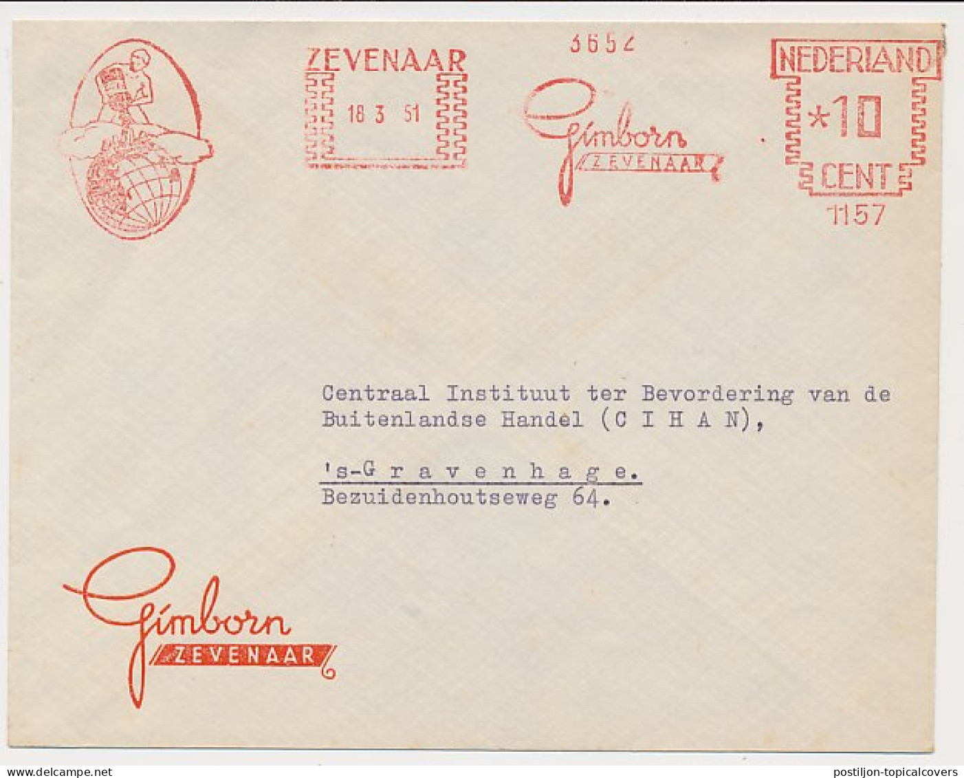 Meter Cover Netherlands 1951 Inkwell - Globe - Zevenaar - Zonder Classificatie