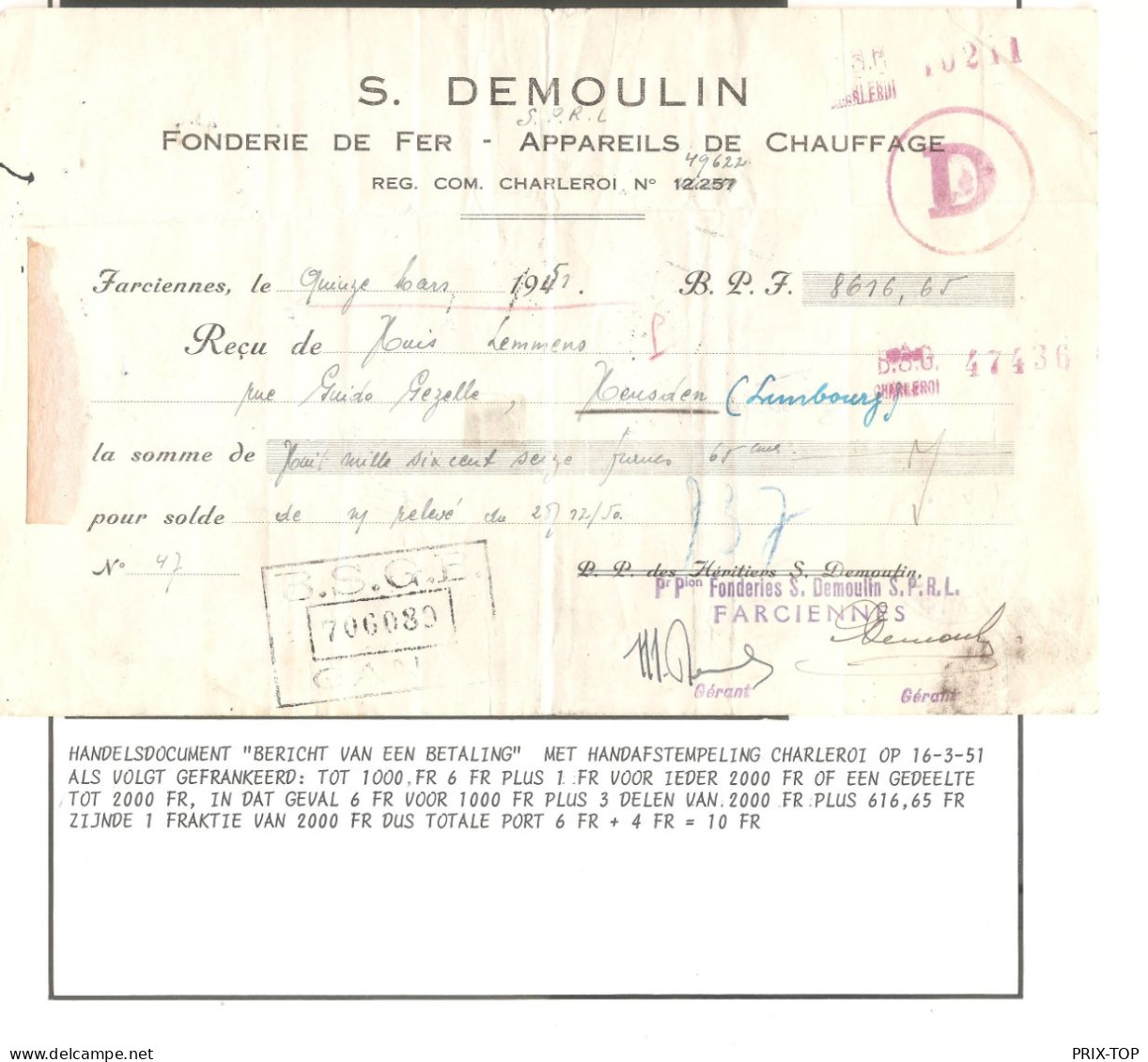 TP 434 B S/reçu Rédigé à Farciennes S. Demoulin Obl. Charleroi 16/3/1951 Pour Heusden Limburg - Briefe U. Dokumente