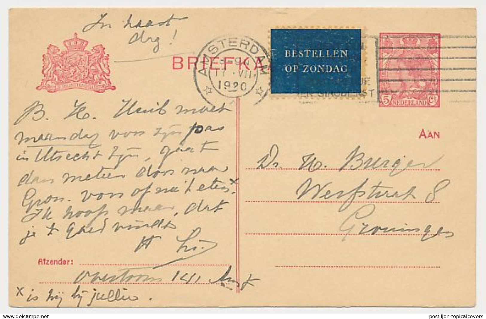 Bestellen Op Zondag - Amsterdam - Groningen 1920 - Cartas & Documentos