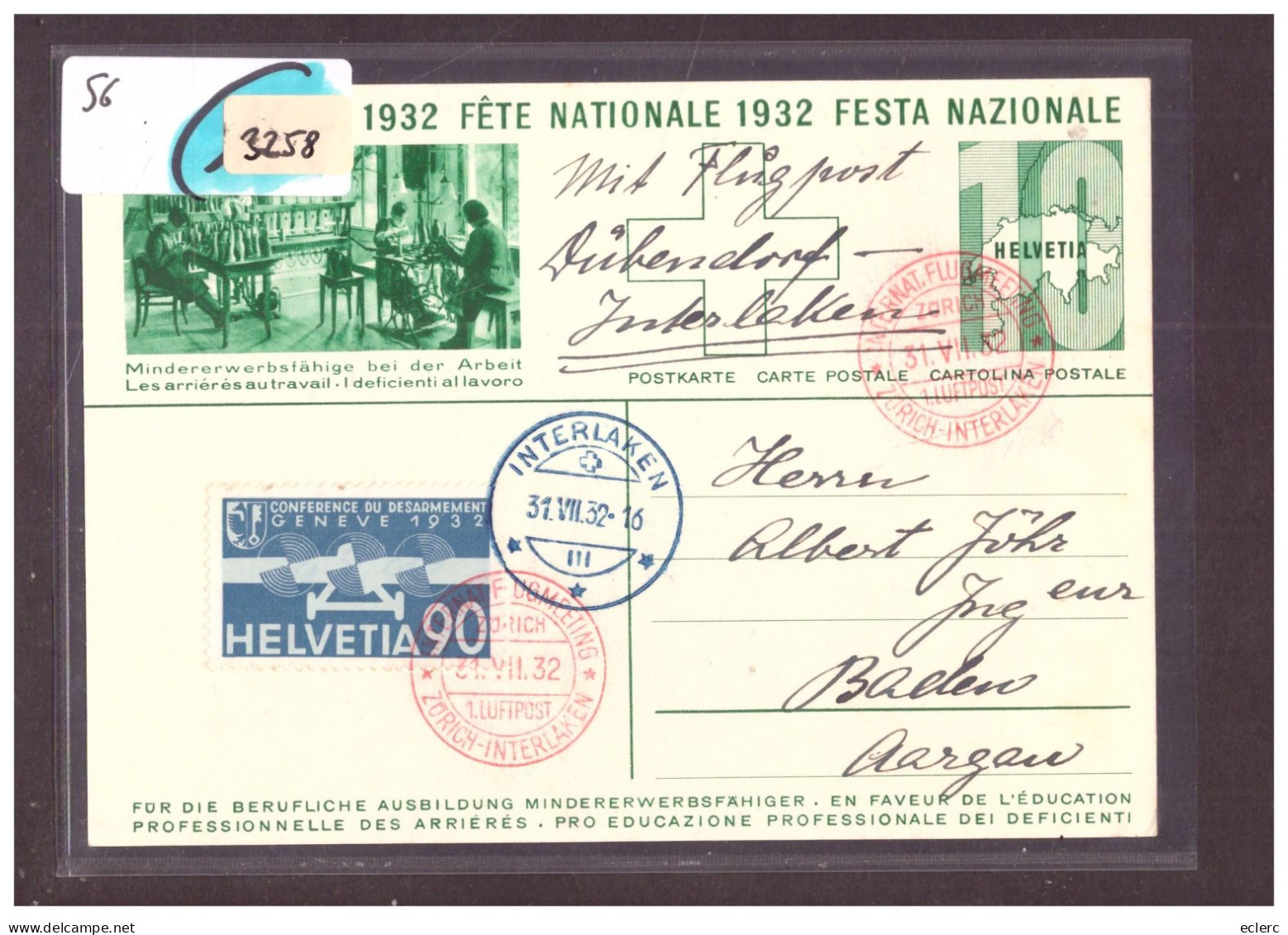 CARTE FETE NATIONALE No 56 1932 - MEETING D'AVIATION ZÜRICH INTERLAKEN 1932 - Eerste Vluchten