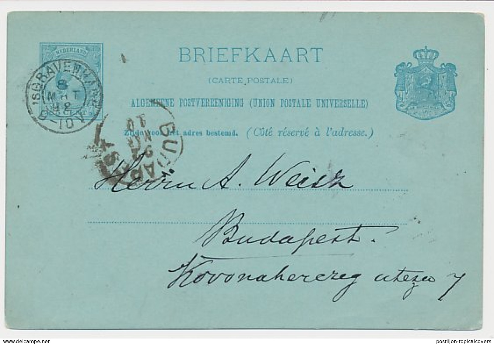 Briefkaart G. 27Particulier Bedrukt Den Haag - Hongarije 1892 - Postal Stationery