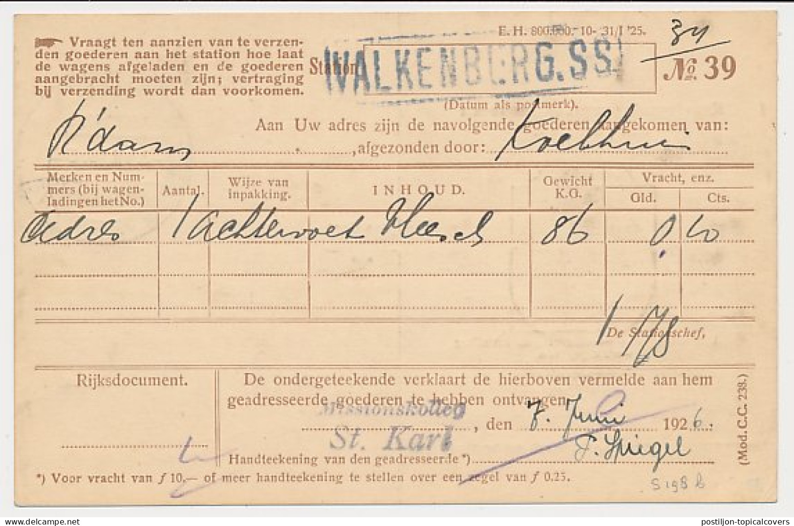 Spoorwegbriefkaart G. NS198 B - Valkenburg - Hulsberg 1926 - Entiers Postaux