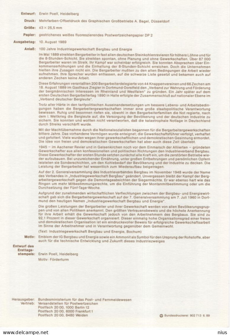 Germany Deutschland 1989-29 Industriegewerkschaft Bergbau & Energie Mining & Energy Industrial Union, Canceled In Bonn - 1981-1990