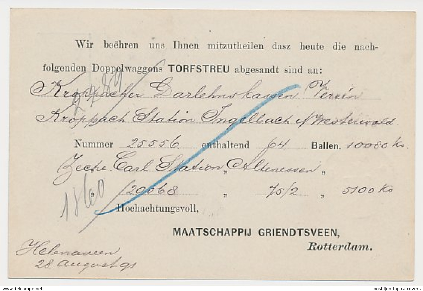 Briefkaart G. 27 Particulier Bedrukt Rotterdam - Duitsland 1891 - Entiers Postaux