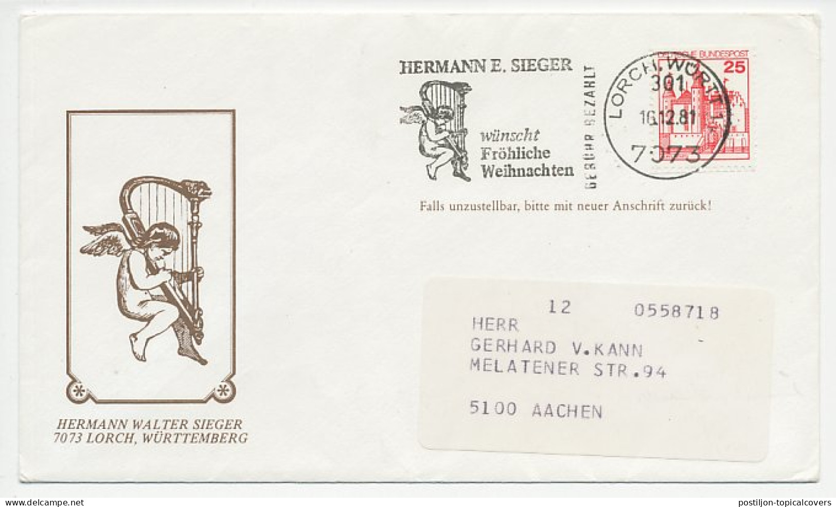 Cover / Postmark Germany 1981 Angel - Harp - Christmas