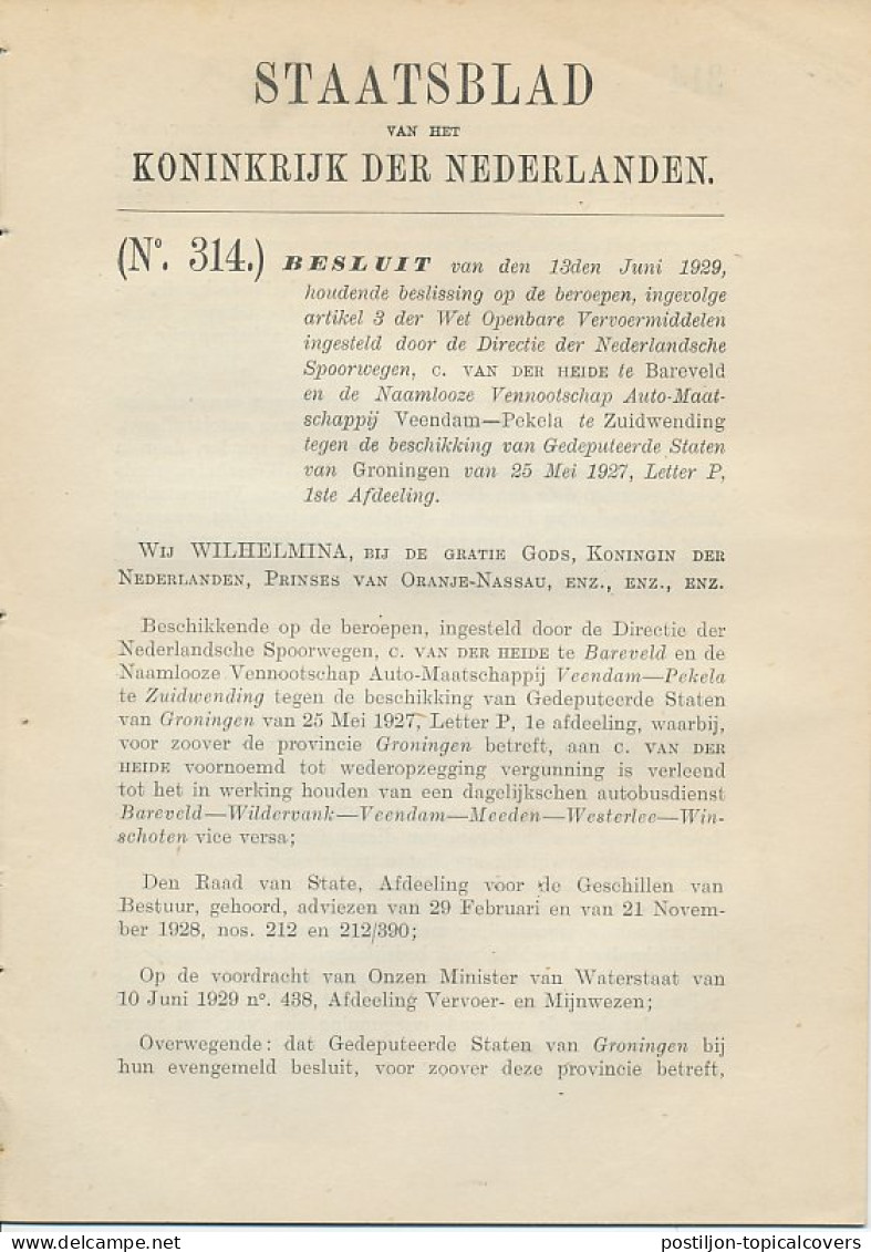 Staatsblad 1929 : Autobusdienst Bareveld - Winschoten - Historische Dokumente